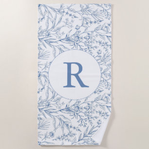 Toile Florale Bleu Monogramme Plage Serviette