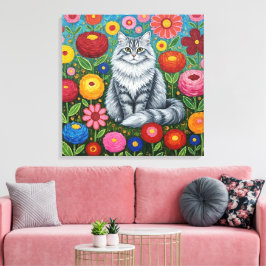 Toile Fluffy Gray Striped Cat with Folk Art Flowers