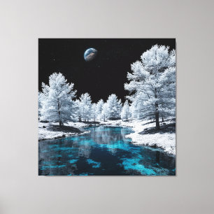 Toile Forêt enneigée et lac tranquille sous le ciel