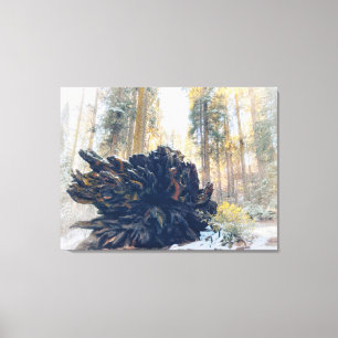 Toile Forêt hivernale avec racine de séquoia abattu