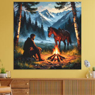 Toile Forêt montagneuse avec cheval au crépuscule