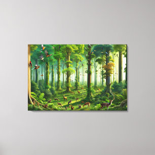 Toile Forêt verte luxuriante avec de mignons oiseaux et