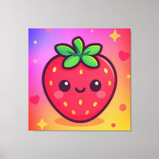 Toile Fraise Kawaii souriante sur Pastel Gradient Backg