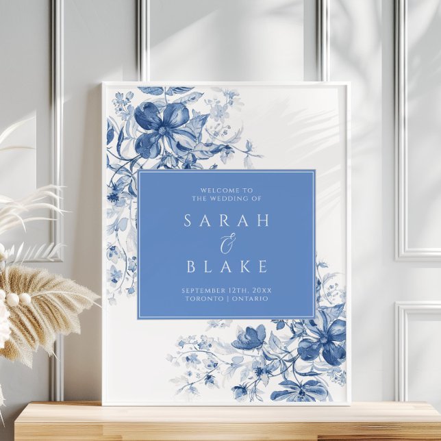 Toile French Blue Floral Wedding Welcome Poster (Von Creator hochgeladen)