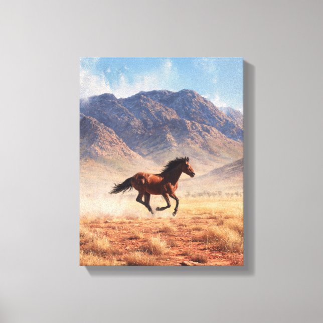 Toile Galloping Mustang Desert Mountain Art (Recto)