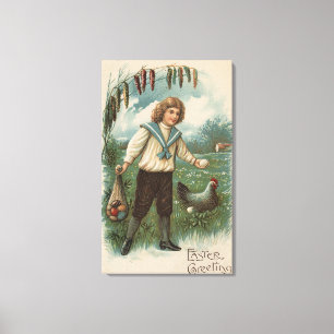 Toile Garçon avec panier à oeufs de Pâques tenant l'oeuf