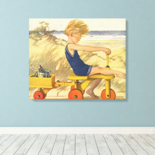 Toile Garçon vintage Jouer à la plage avec des jouets de