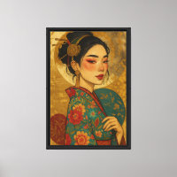 Geisha Portrait Floral Kimono Canvas Wall Art