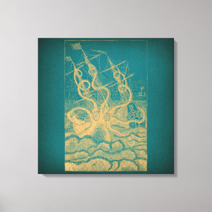 Toile Giant Octopus Attacking Ship Teal Antique Kraken