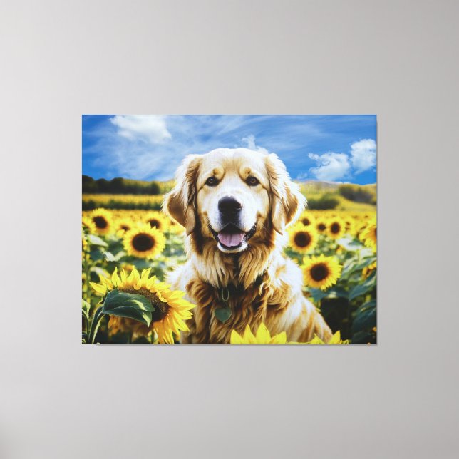 Toile Golden Retriever dans un champ de tournesol (Recto)