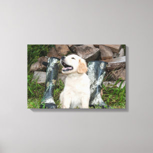 Toile Golden Retriever Puppy et Chasse Boots