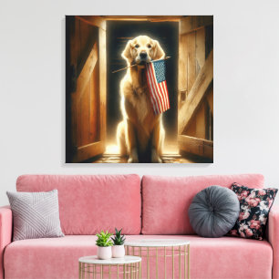 Toile Golden Retriever tenant un drapeau américain