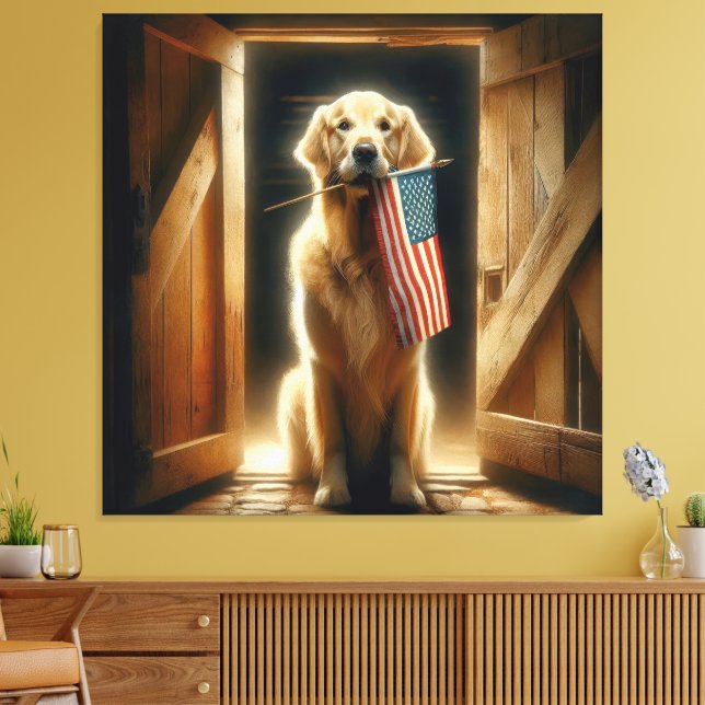 Toile Golden Retriever tenant Un Drapeau Américain (Insitu(Salon))