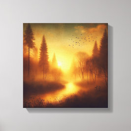 Toile Golden Twilight River Through Dreamy Forest