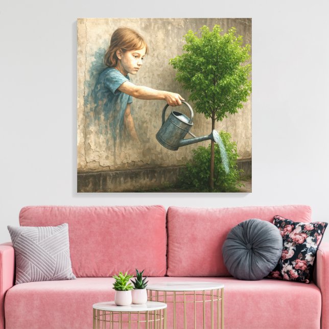 Toile Graffiti fille arroser un arbre urbain (Insitu(Salon))