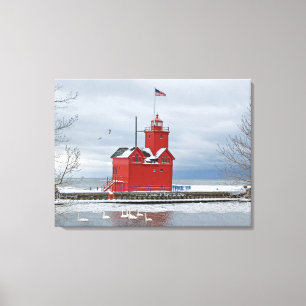 Toile Grand phare rouge du Michigan avec des cygnes