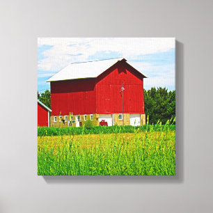 Toile Grange de campagne rouge et pâturage