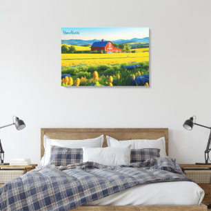Toile Grange rouge et collines ondoyantes