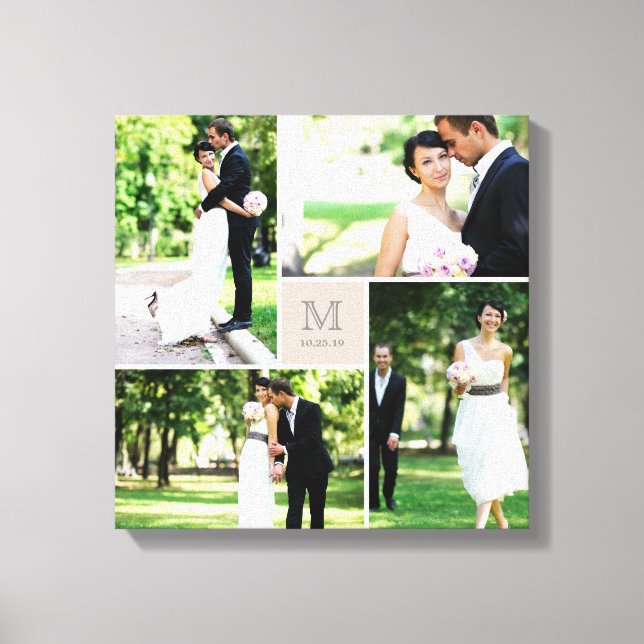 Toile Grille Taupe Monogramme Mariage 4 Collage de Photo (Recto)