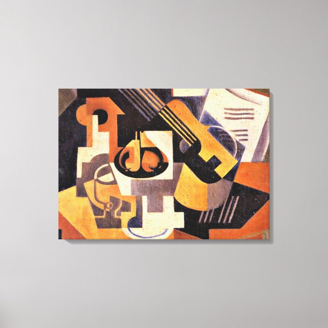 Toile Gris - Plat de guitare et de fruits sur une table (Recto)