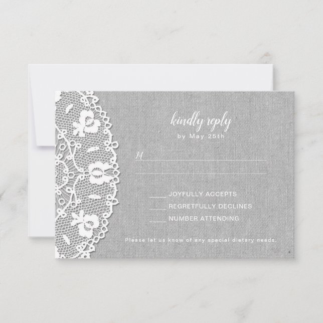 Toile gris rustique + mariage blanc dentelle RSVP (Devant)
