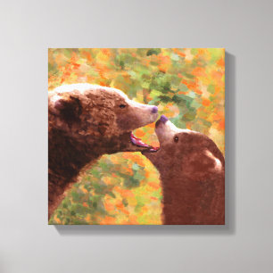 Toile Grizzly Bear Mom and Cub Painting - Wildlife Art