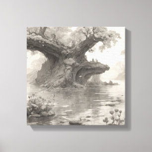 Toile Gros Arbres Forêt & Lac Crayon Sketch Art