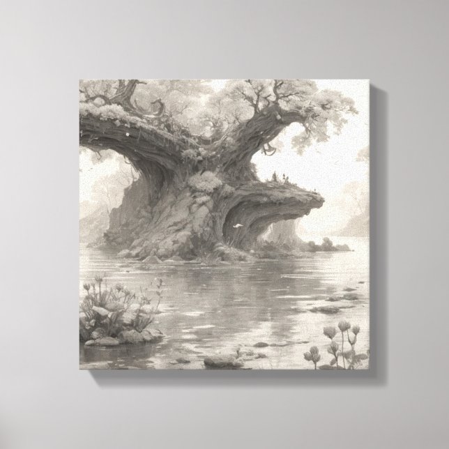 Toile Gros Arbres Forêt & Lac Crayon Sketch Art (Recto)