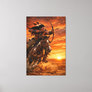 Toile Guerrier Amérindien Cheval au Galop au Coucher du