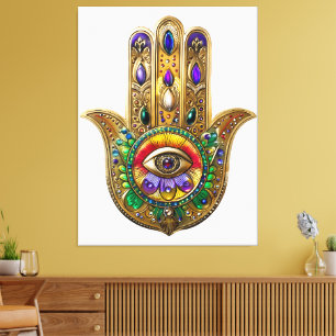 Toile Hamsa Améthyste Rubis Troisième Œil Peint en Or