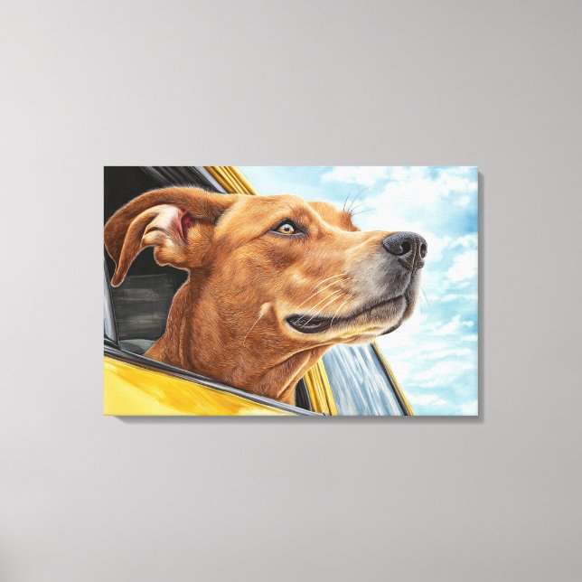 Toile Happy Dog in Yellow Car Art Print (Recto)