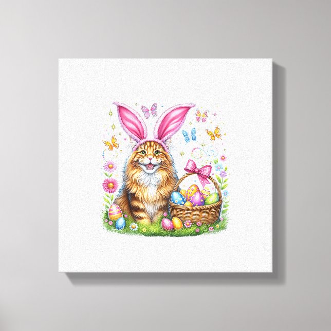 Toile Happy Easter Cute Bunny Maine Coon Cat Easter Eggs (Recto)