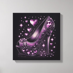 Toile Haut talons de Stiletto pourpre avec les coeurs