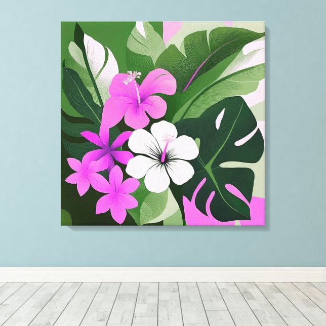 Toile Hibiscus et Plumeria hawaïens modernes du milieu d (Insitu (Plancher de Bois))