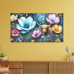 Toile Highland Cow Floral Coloré Cosmos Tapestry