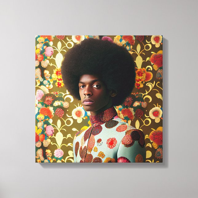 Toile Homme avec une afro debout devant un mur fleuri (Recto)