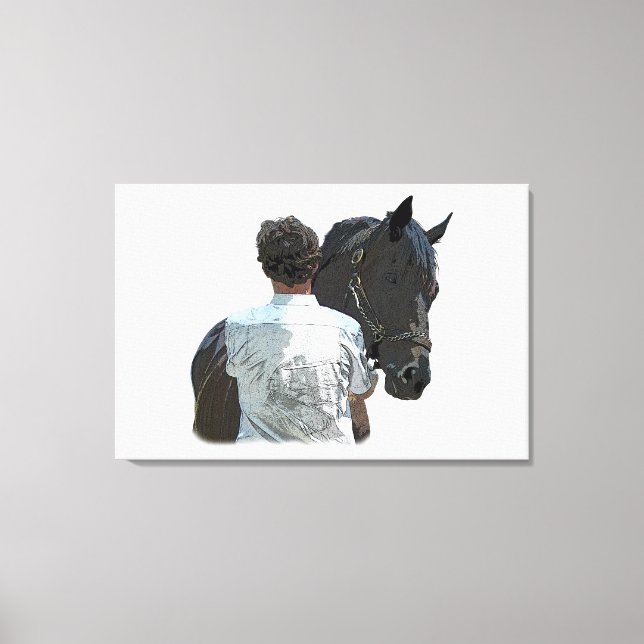 Toile Homme tenant Cheval Léger Étiquette Tablette Impre (Recto)