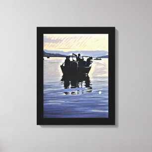 Toile hommes pêchant dans le lac silhouette abstraite ar
