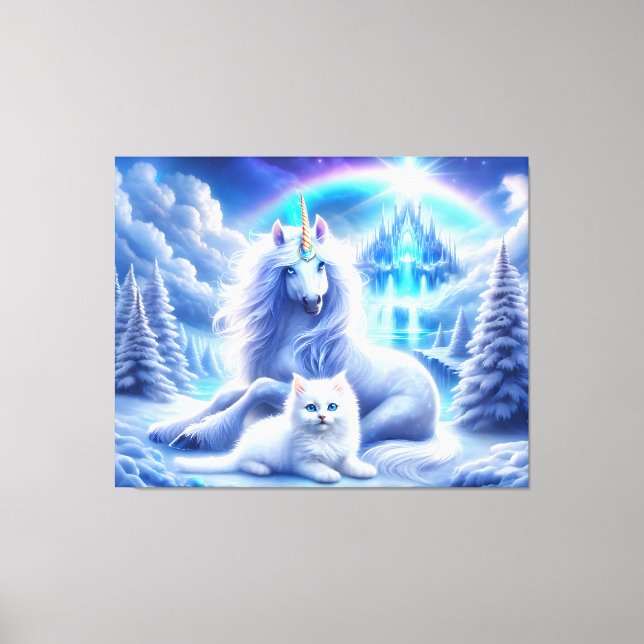 Toile Imaginaire d'hiver avec belle licorne et Kitten (Recto)