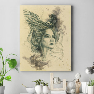 Toile Imaginaire Femme portrait Crâne d'oiseau Ailes Sur