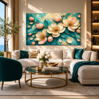 Toile Impasto Floral Turquoise Luxueux Accents Dorés