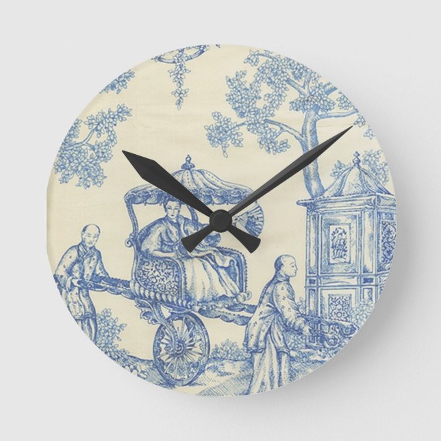 Toile in Blau und Weiß Runde Wanduhr (Vorderseite)