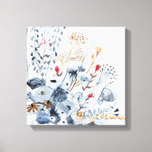 Toile Indigo & Ochre - Fleurs aquarelles