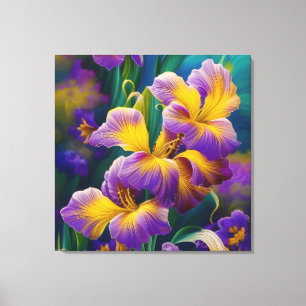 Toile Iris Floral Violet et bleu or feuilles