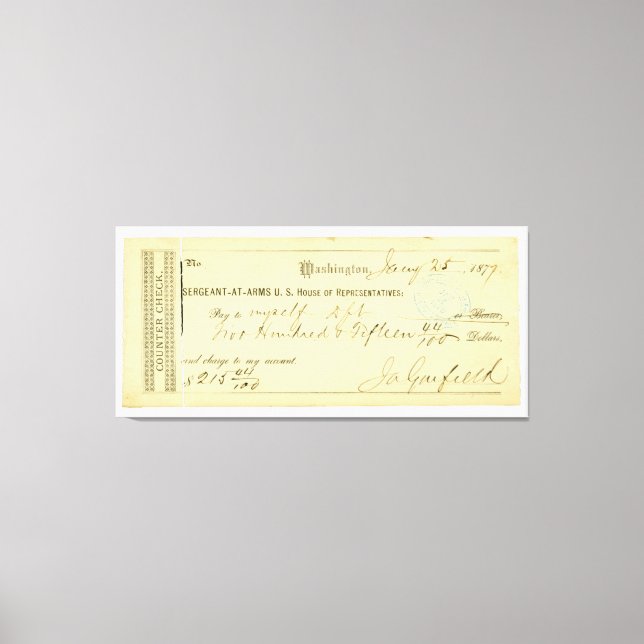 Toile James Garfield Signed Check du 25 janvier 1877 (Recto)