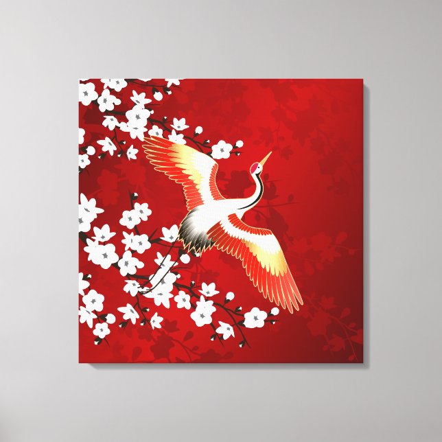 Toile Japonaise Grue Blanc Cerisier Fleur Rouge (Recto)