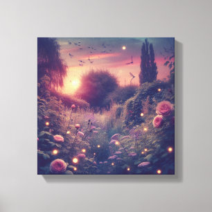 Toile Jardin aux lucioles au crépuscule avec fleurs sauv
