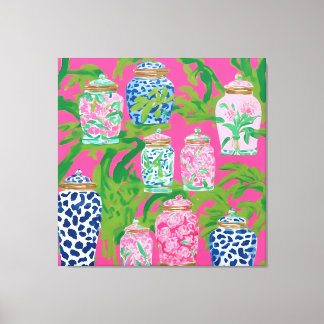 Toile jarres chinoiserie et feuilles de bananes sur rose