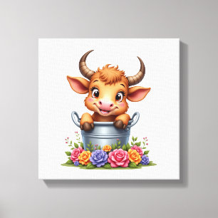 Toile Joli bébé vache highland avec fleurs Veau animal c
