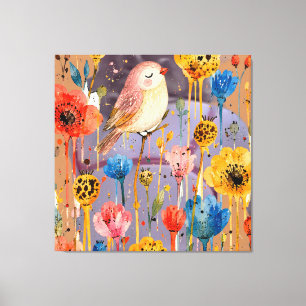 Toile Joli Oiseau Rose dans un Jardin Floral Aquarelle V